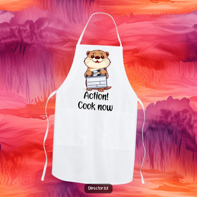 Funny determined otter holding a clapperboard and nodding, a humorous movie apron for the kitchen.