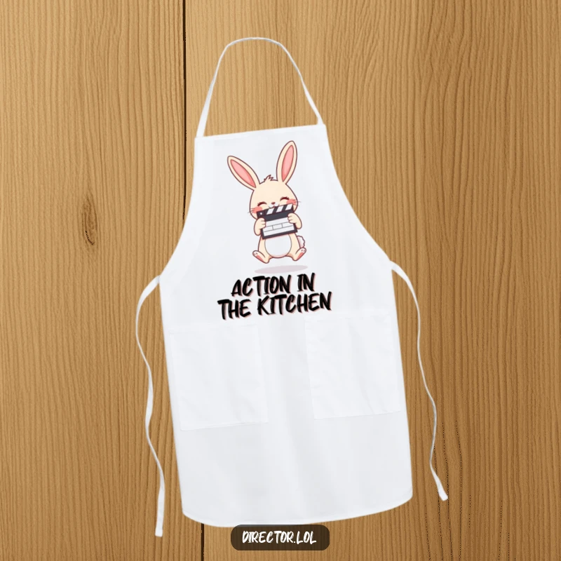 Funny apron showing a giggling cartoon bunny holding a clapboard and jumping with pure culinary excitement.