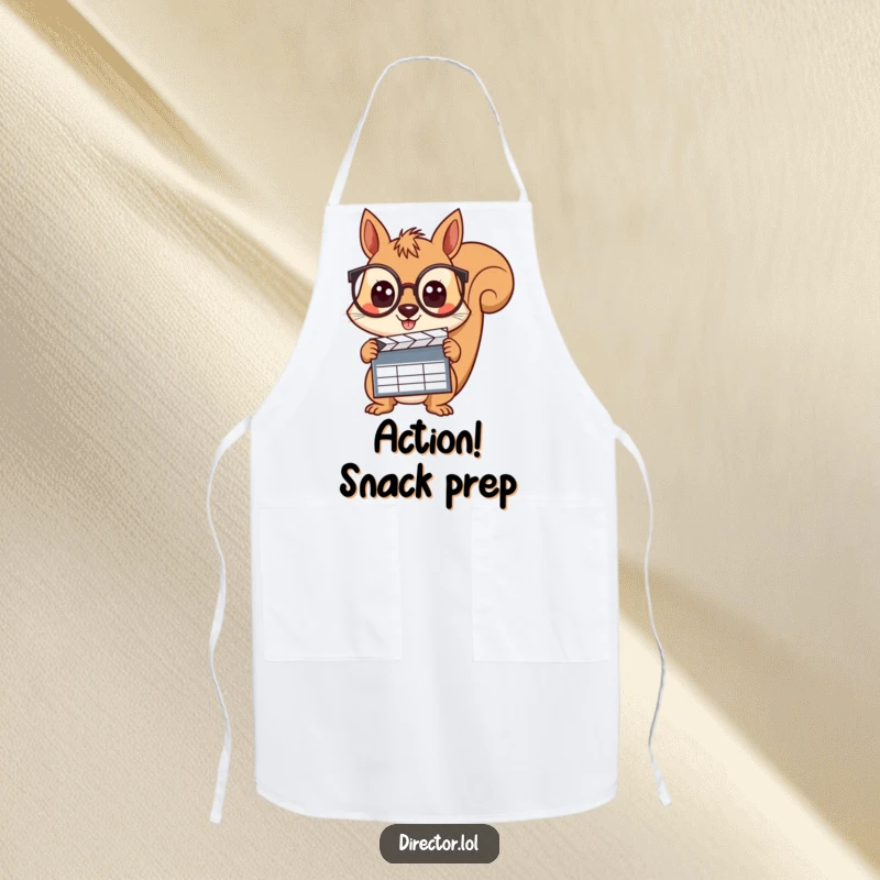 Funny squirrel wearing spectacles, holding a clapboard and directing the cooking process with curious eyes on this chef's apron.
