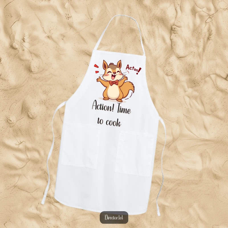 Funny Squirrel Director Apron: A dapper squirrel in a bow tie yells Action! with excitement, ready to oversee kitchen chaos.