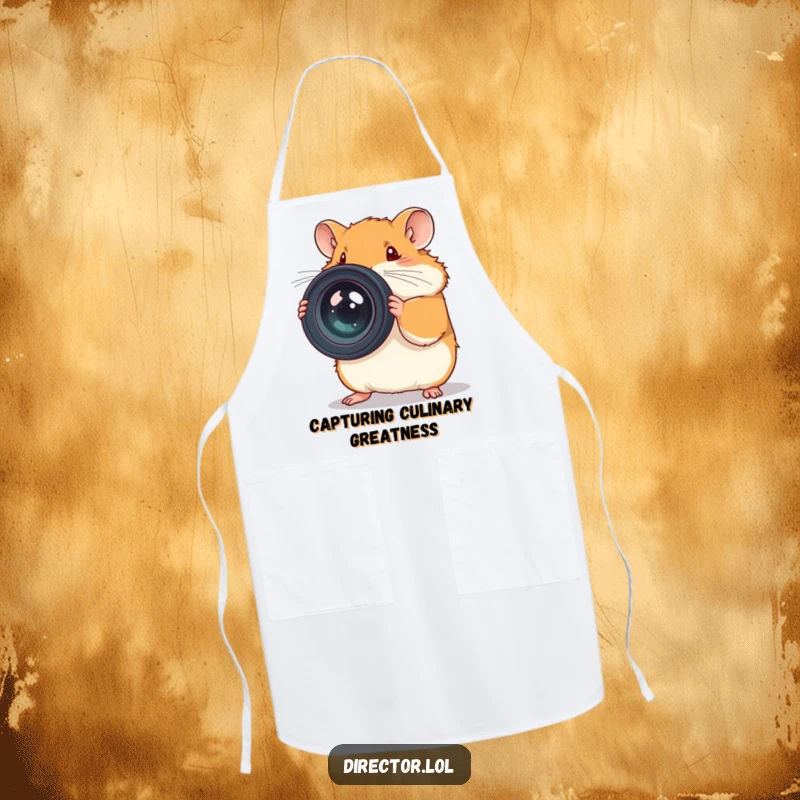 Funny apron showing a dedicated hamster adjusting a large camera lens, perfect for foodie photographers.