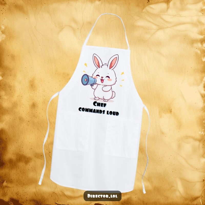Funny Bunny Megaphone Apron: Delighted bunny shouting commands through a megaphone while cooking, adding humor to the kitchen, a funny gift.