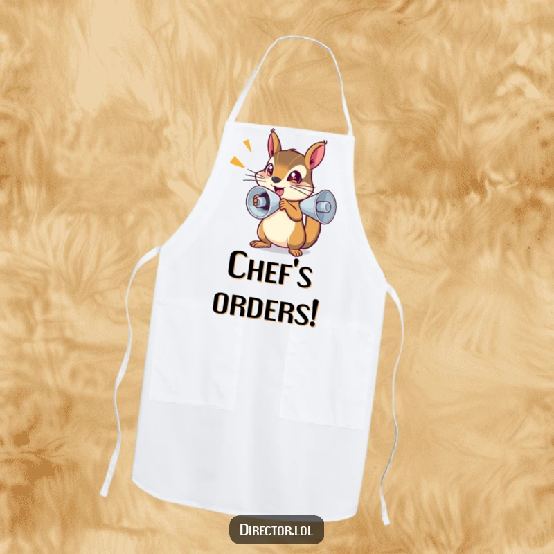 Funny Apron: Determined squirrel with a tiny megaphone, sparkling eyes, ready to direct meal preparations.