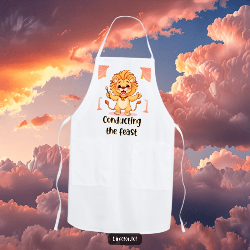 Funny apron featuring a proud lion conducting a scene with flourish, ready to direct any culinary performance.