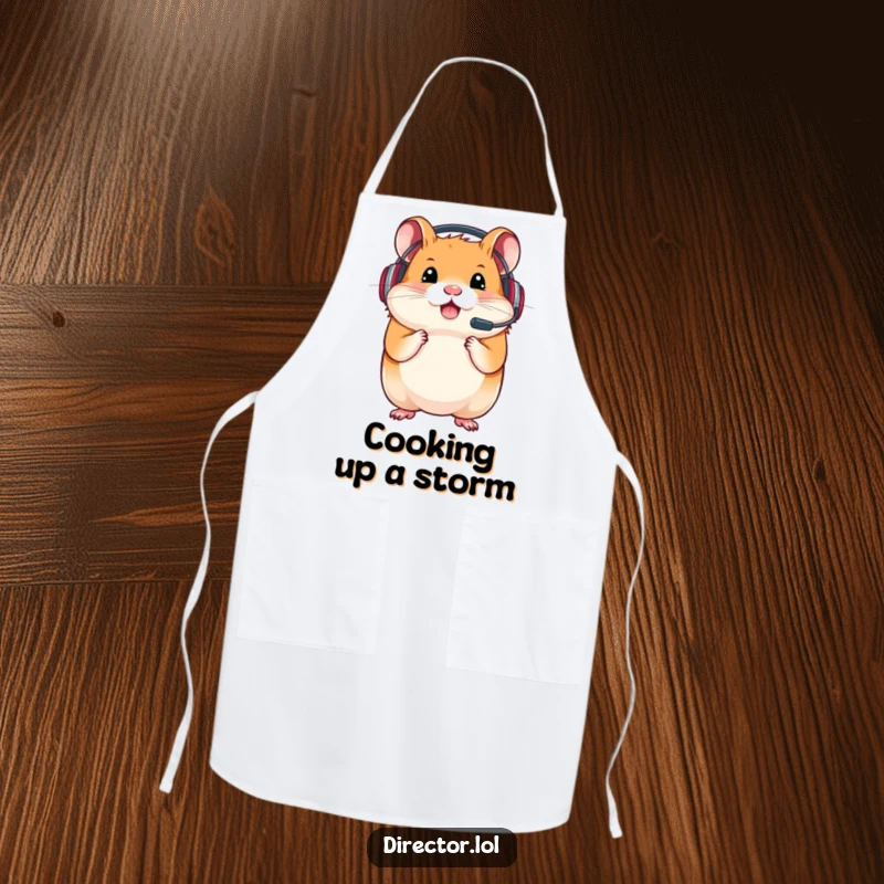 Funny apron featuring a determined hamster wearing a headset, ready to direct meal preparation with focus.