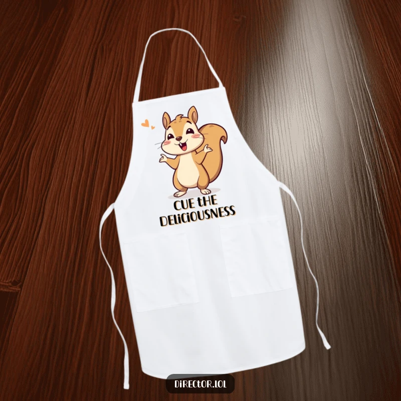 Funny apron featuring a bouncing squirrel giving enthusiastic cues, ready to direct kitchen creations with energy.