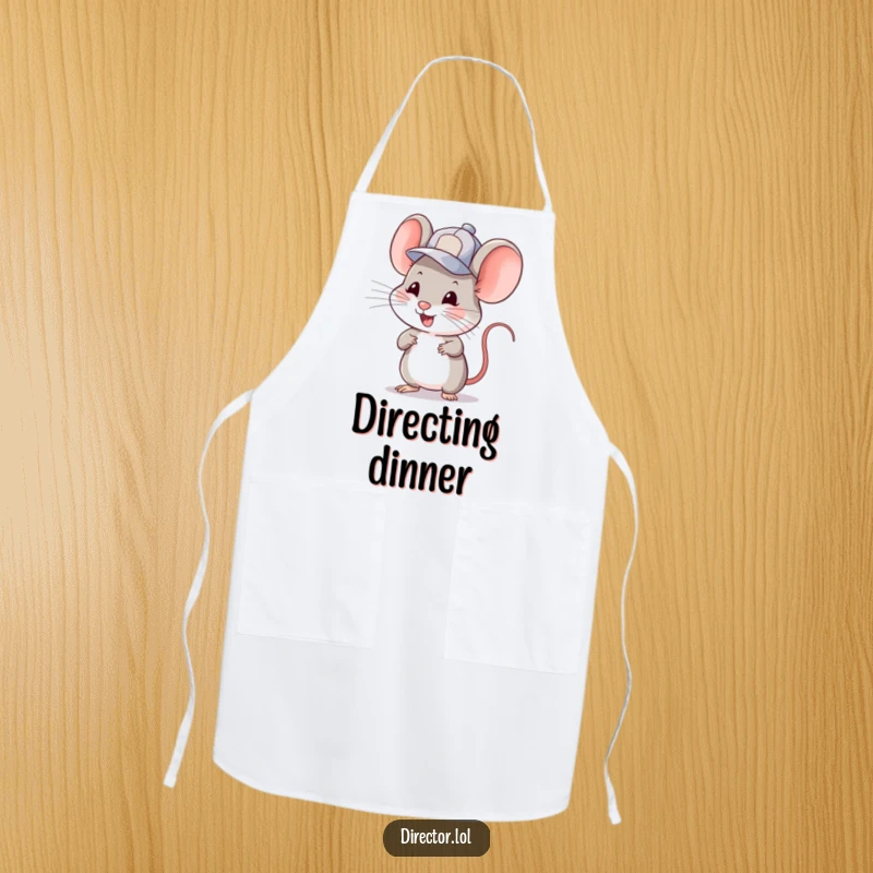 Funny mouse in a cap, winking and gesturing to cue a scene. A humorous and functional apron, perfect funny gift.