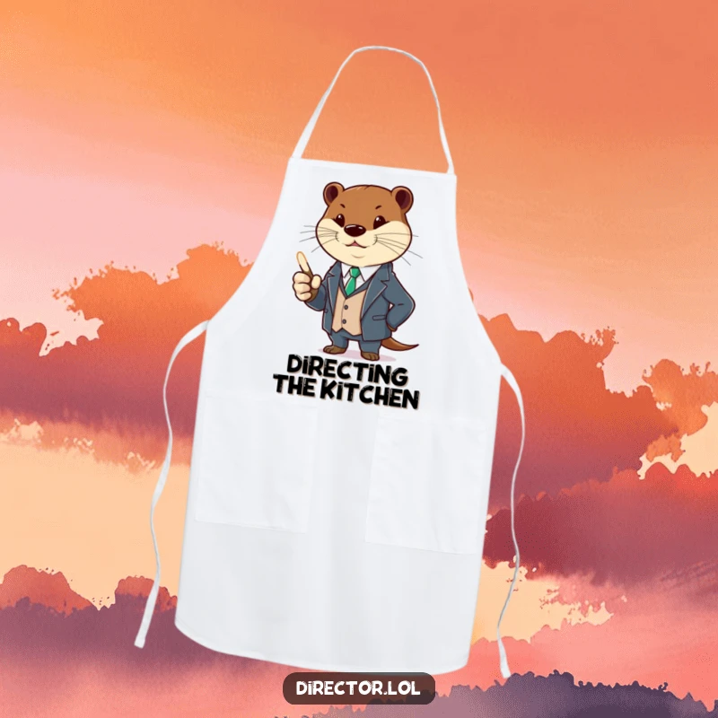 Funny otter in a suit, holding a glowing pointer, gesturing. A humorous and functional apron, perfect funny gift.