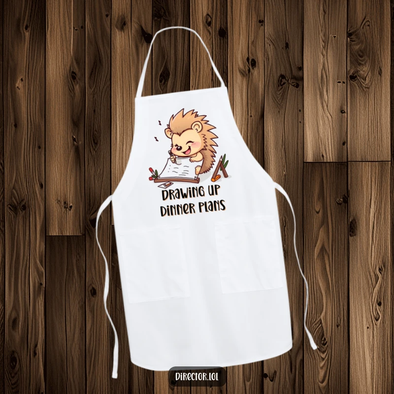 Funny determined hedgehog drawing furiously on a storyboard with a cheerful smile while directing the cooking process on this chef's apron.