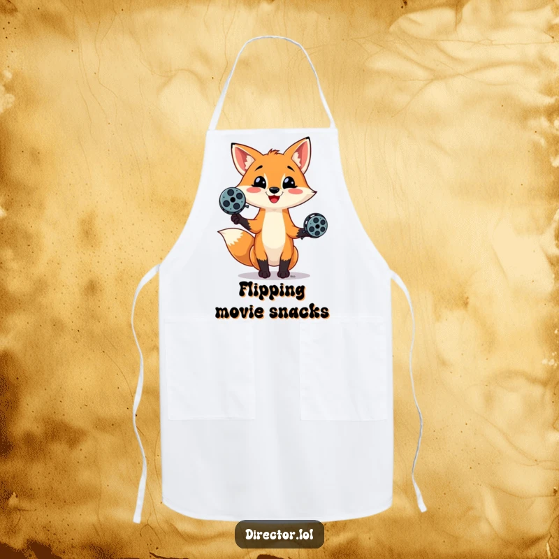 Funny apron showing a mischievous fox juggling film reels with a sly smile, ready to direct delicious culinary creations with flair.