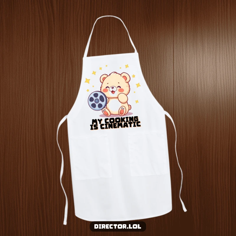 Funny apron with a fluffy cartoon bear cub excitedly spinning a film reel, stars indicating a magical culinary experience.