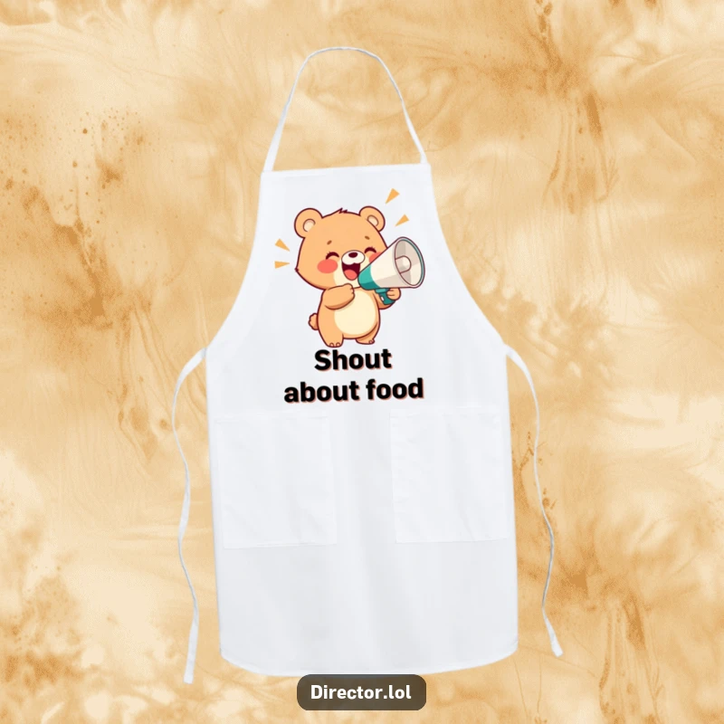 Funny apron with a delighted bear cub holding a giant megaphone and shouting with glee, perfect for a joyful and noisy cooking experience.