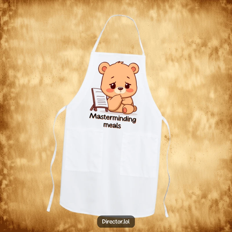 Funny Bear Director Apron: A bear thoughtfully taps its chin while studying a storyboard, showcasing deep concentration before cooking.