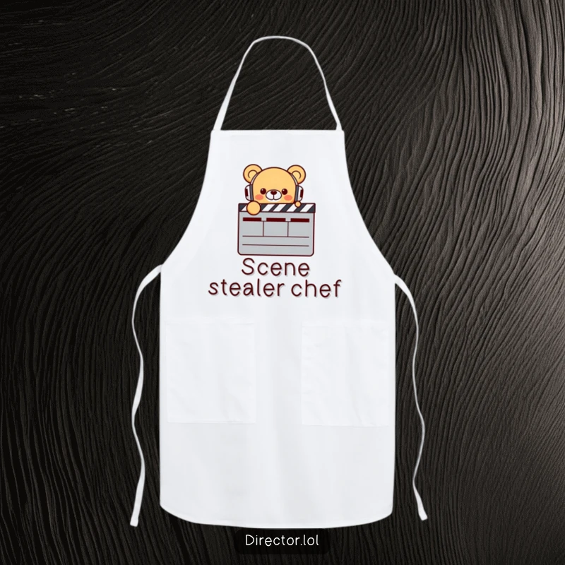 Funny Bear Director Apron: Tiny smiling bear with headphones points at a clapperboard, ready to direct a delicious meal, a humorous kitchen accessory.