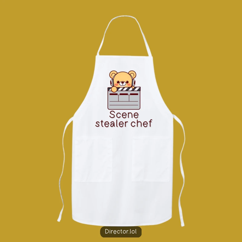 Funny Bear Director Apron: Kitchen Bear with Headphones & Clapperboard, Hilarious Chef Gift