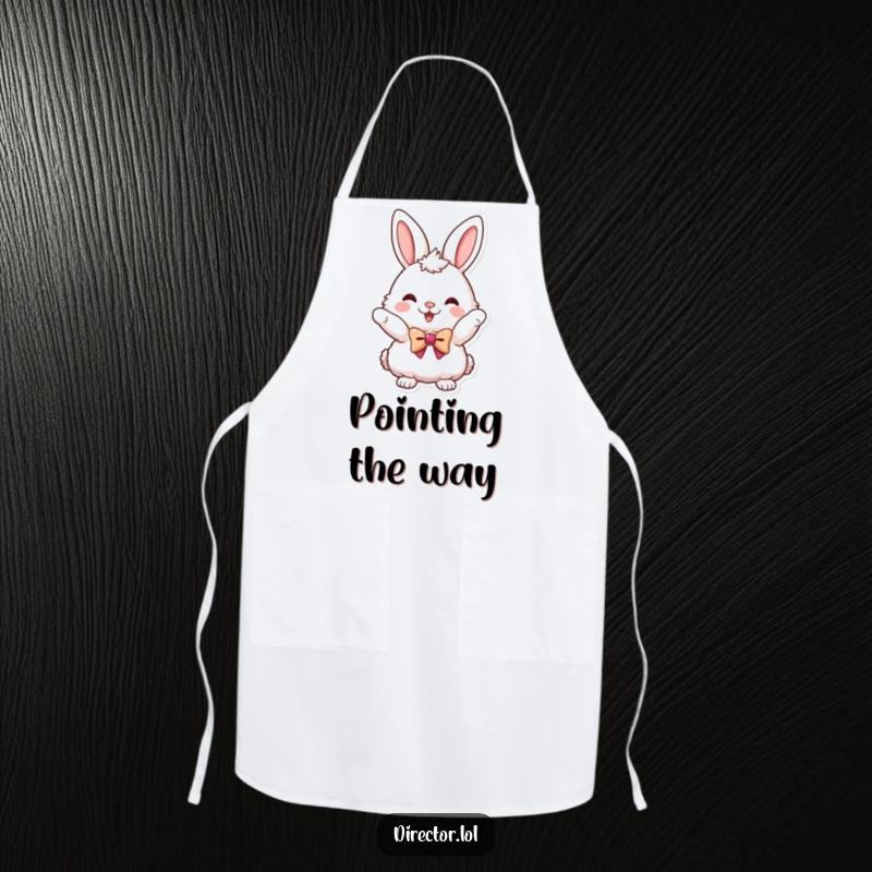 Funny apron showcasing a fluffy bunny in a tiny bowtie, pointing with enthusiasm during kitchen activities.