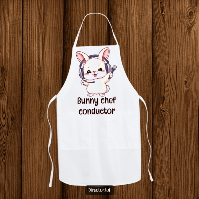 Funny Apron of a fluffy bunny wearing big headphones, enthusiastically conducting kitchen rhythms with a tiny baton.