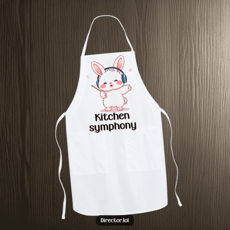 Funny bunny conductor apron, protective kitchen wear, a fluffy bunny with headphones, directing a culinary orchestra with a tiny baton, looking delighted.