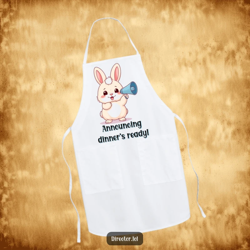 Funny fluffy bunny in a beret, holding a tiny megaphone and enthusiastically directing kitchen activities on this durable chef's apron.