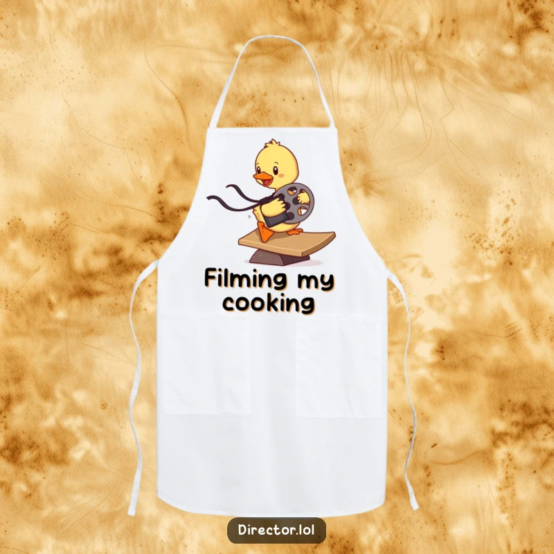 Funny determined duckling sliding down a ramp holding a film reel, a humorous apron for kitchen creativity and movie marathons.