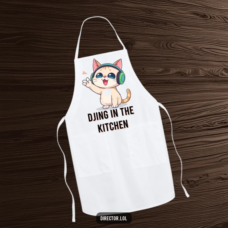 Funny apron featuring a cat with oversized headphones gesturing wildly, for kitchen activities and musical fun.