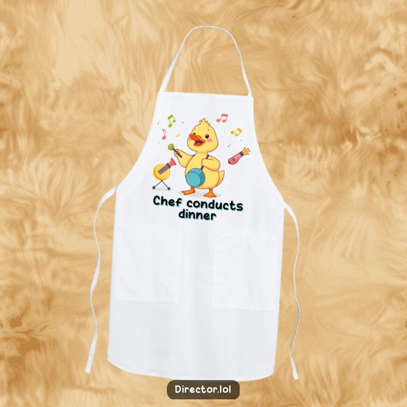 Funny Duckling Conductor Apron: A cute duckling energetically conducts a symphony of toy instruments, directing kitchen creations.