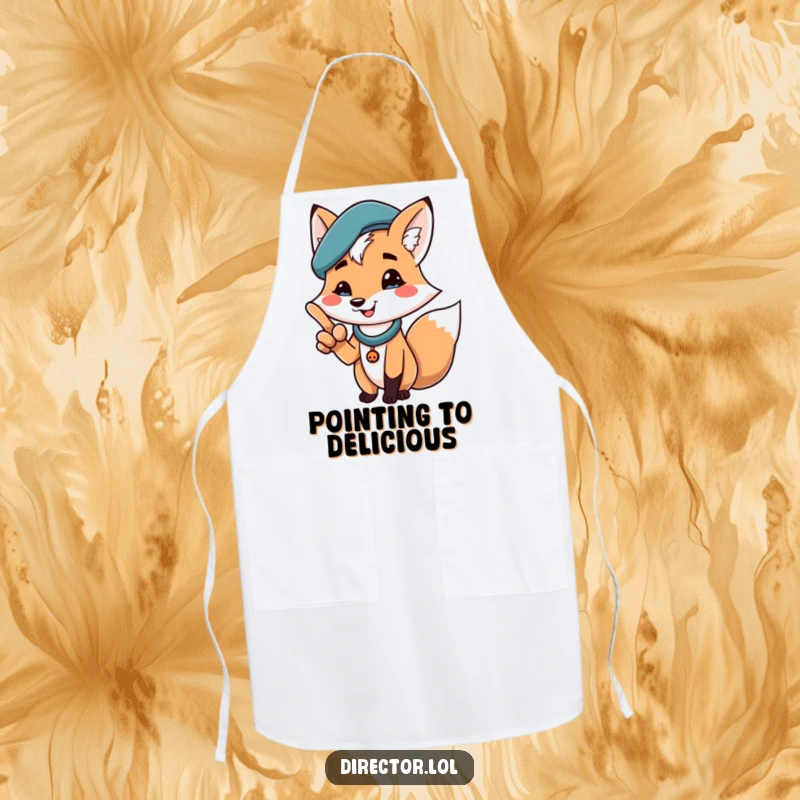 Funny apron featuring a cheerful fox in a beret, dramatically pointing with a proud smile, perfect for a humorous cooking experience.