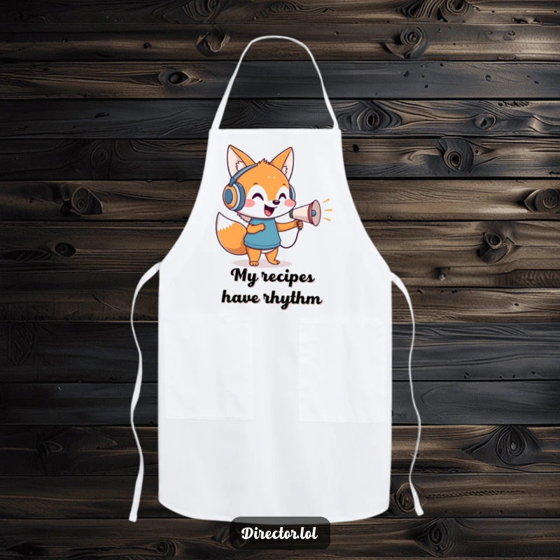 Funny apron with a cheerful cartoon fox in headphones directing with a tiny megaphone, overseeing culinary productions.