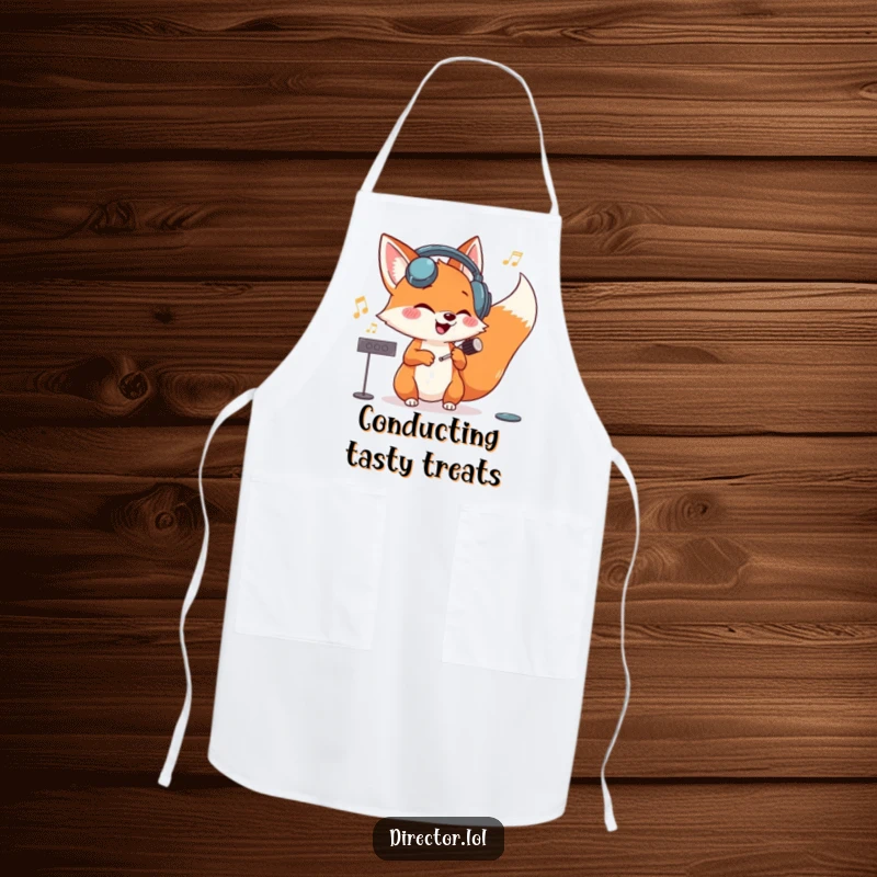 Funny fox wearing oversized headphones, giggling and conducting the cooking process with musical flair on this chef's apron.