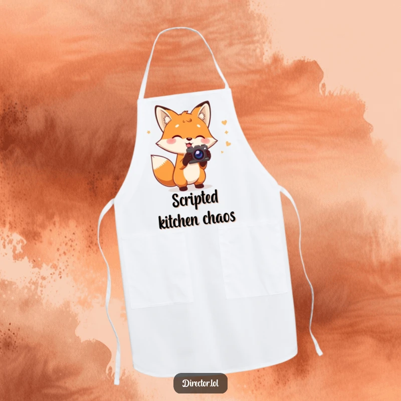 Funny Fox Director Apron: Charming fox holding a script gestures with a prop camera while cooking, adding humor to the kitchen, a funny gift.