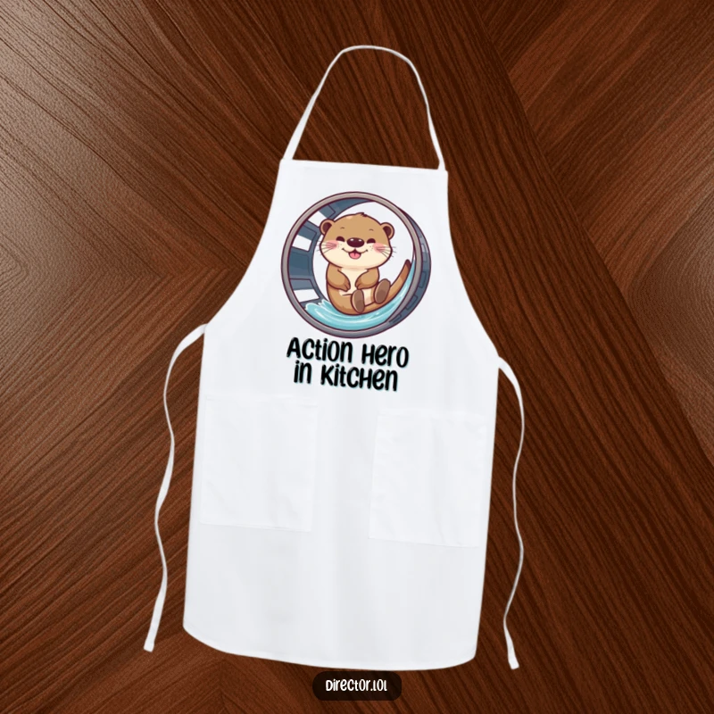 Funny apron featuring a happy otter enjoying a film reel waterslide, ideal for movie-themed cooking.
