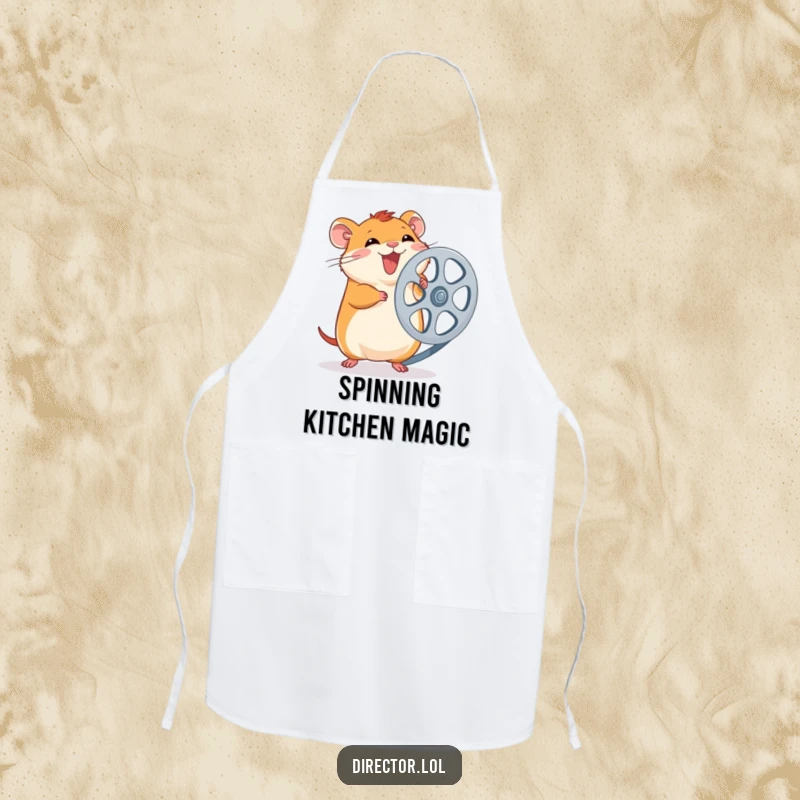 Funny Hamster Film Reel Apron: Giggling hamster spins a large film reel while cooking, adding humor to the kitchen, a funny gift.