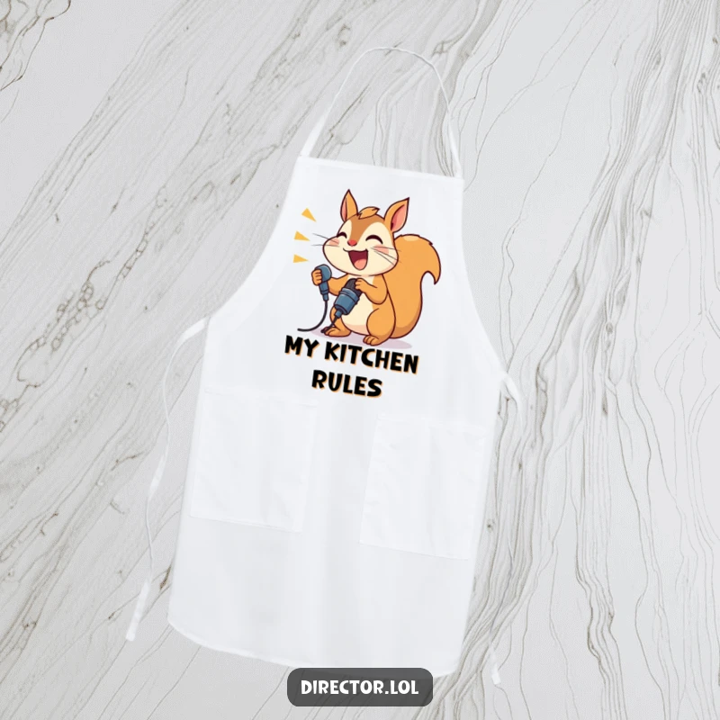 Funny joyful squirrel shouting into a microphone, a humorous announcer apron for the kitchen.