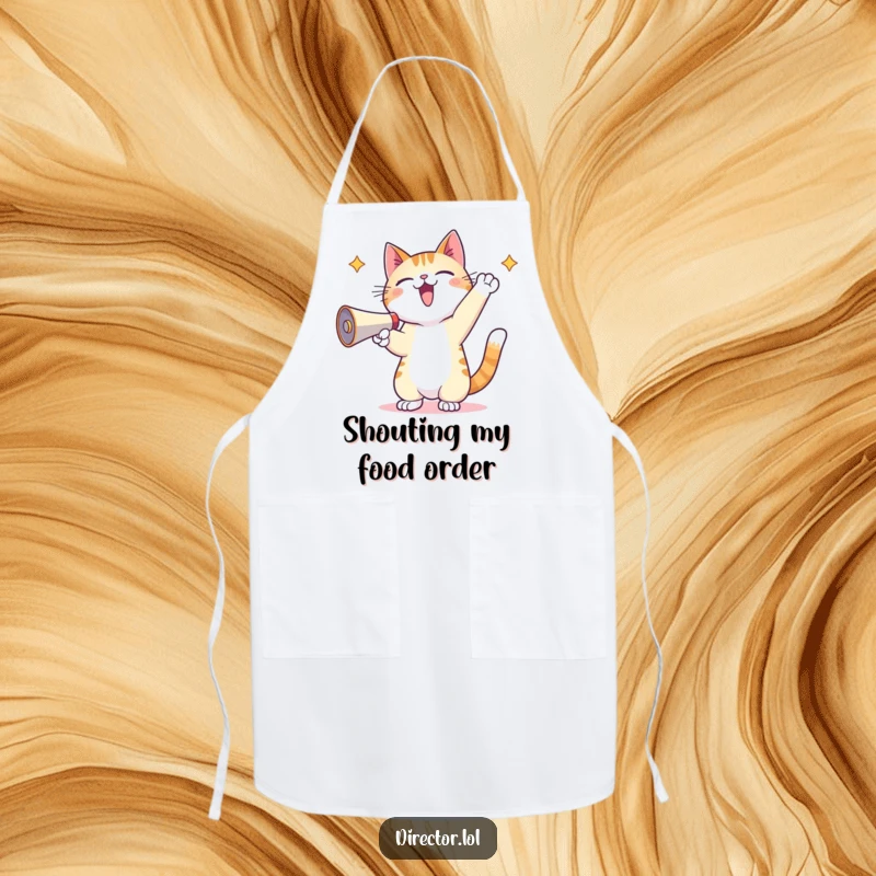 Funny Kawaii Cat Apron: A chef's apron featuring a kawaii cat enthusiastically shouting into a megaphone with its paws energetically raised.