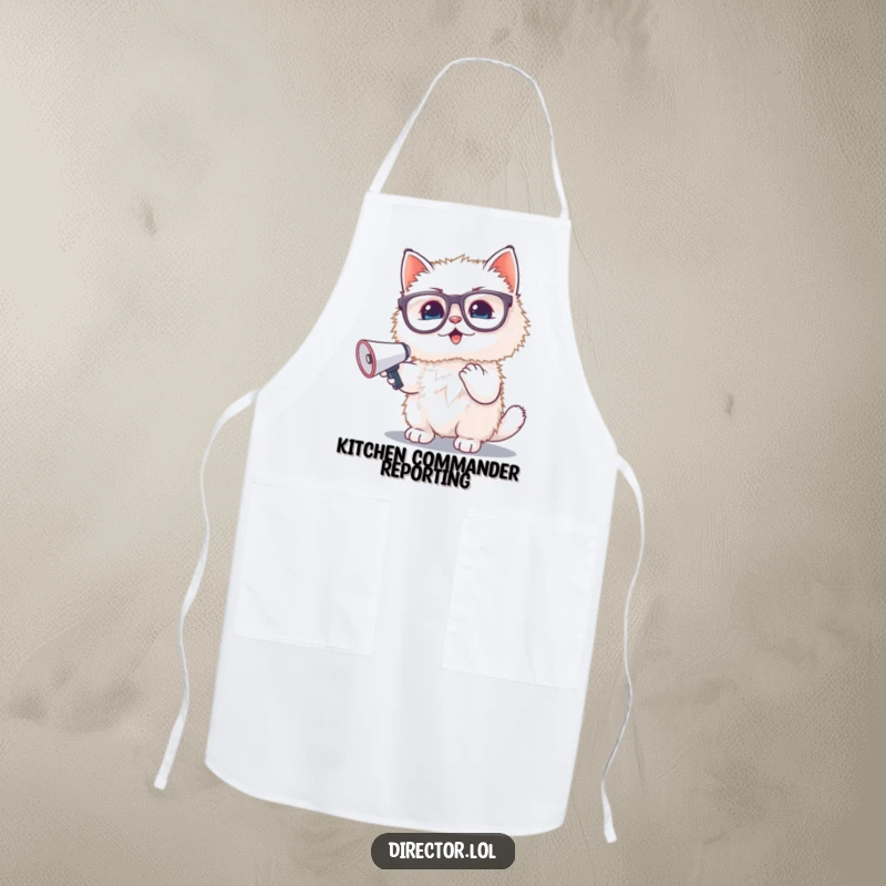 Funny apron: A fluffy white kitten wearing large glasses holds a small megaphone, looking ready to direct a delicious meal prep.