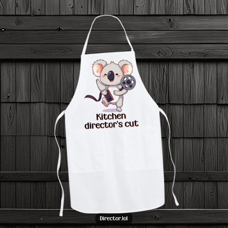 Funny apron featuring a bouncing koala holding a film reel, striking a playful pose, ideal for kitchen use.