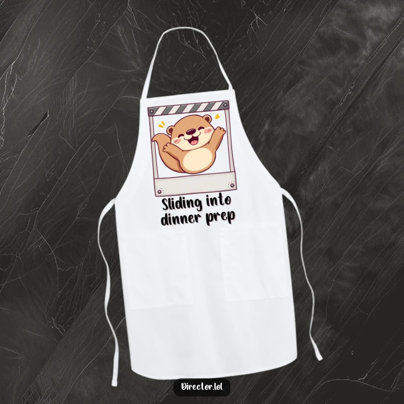 Funny Apron: Cheerful otter sliding down a storyboard frame, ready for culinary creations with cinematic flair.