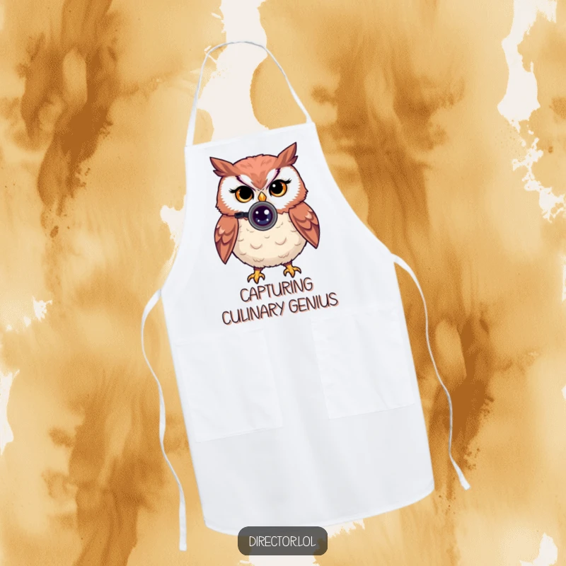 Funny apron with a proud owl peering through a tiny camera lens with a knowing wink, perfect for cooking.