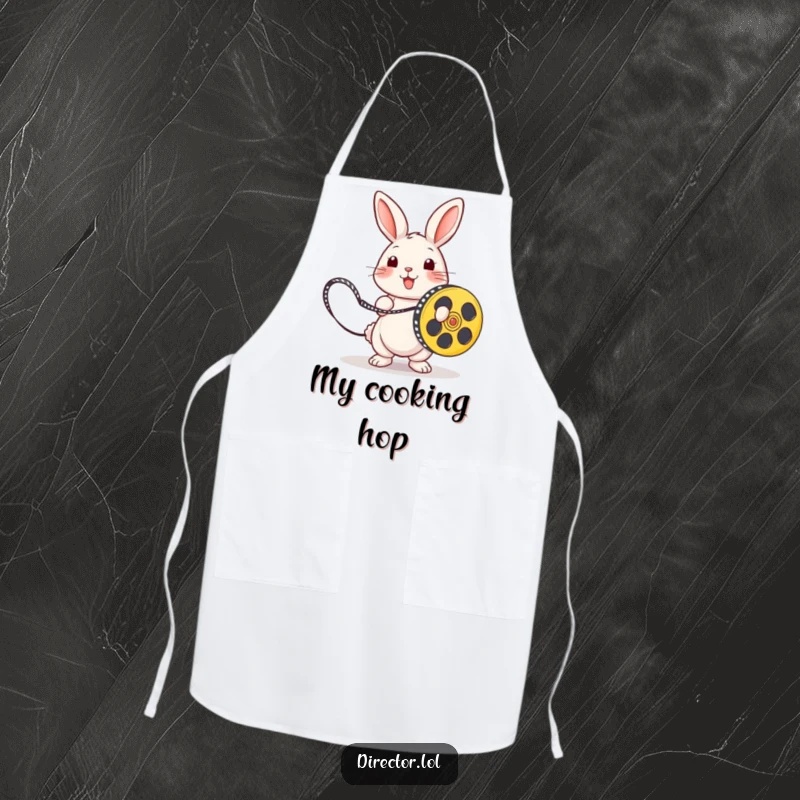 Funny rabbit holding a film reel like a skipping rope, a humorous movie apron for the kitchen.