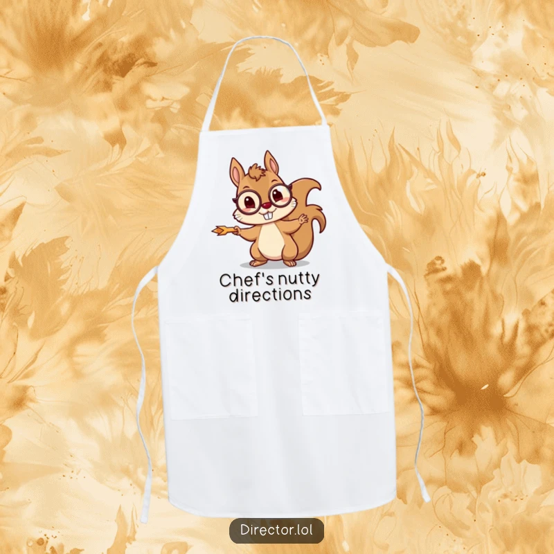 Funny squirrel apron showing a mischievous squirrel wearing a monocle, enthusiastically pointing with a tiny arrow.