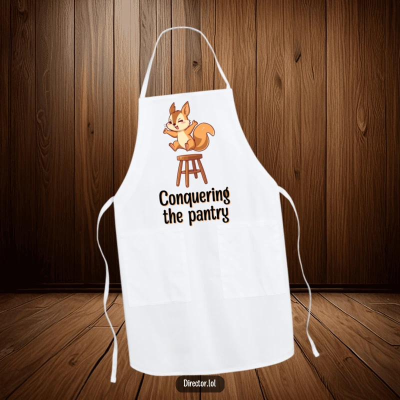 Funny Squirrel Apron: An apron depicting a squirrel energetically leaping onto a high stool with a look of sharp concentration.