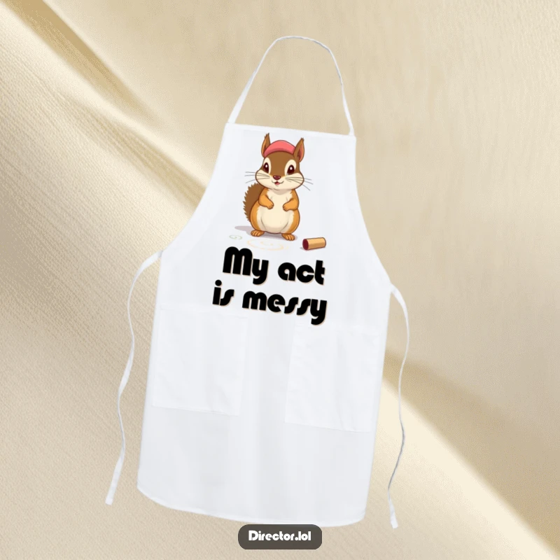 Funny Apron: A determined squirrel in a tiny beret chalking theatrical markings, ready for creative cooking with humor.