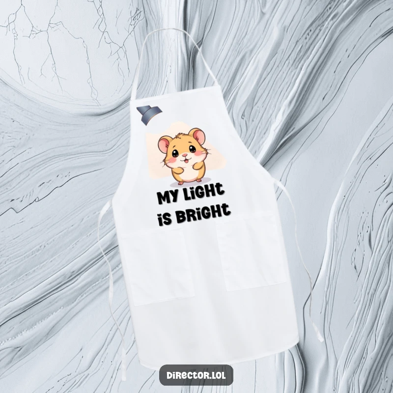 Funny Apron: A curious hamster peeks from behind a giant, brightly lit spotlight, ready for kitchen stardom.