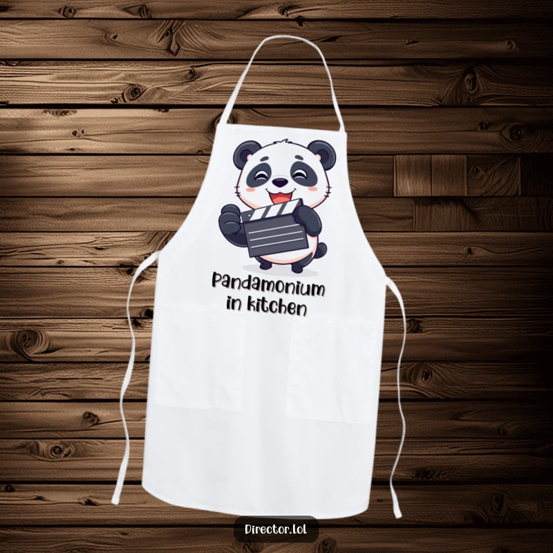 Funny Apron featuring a playful panda spinning a clapboard, signaling the start of a fun and humorous cooking or crafting session.