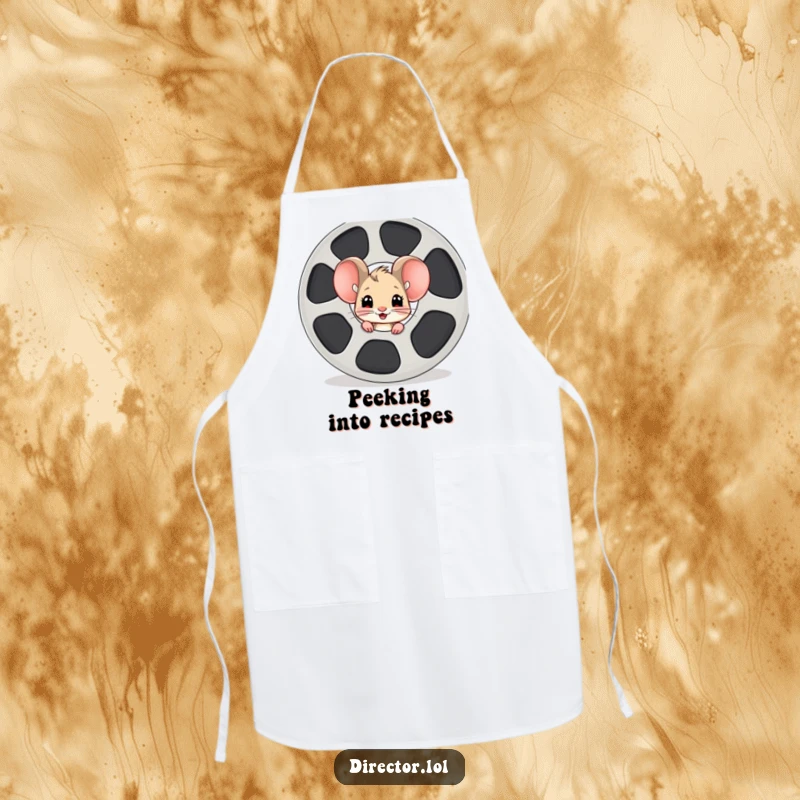 Funny mouse film reel apron, a curious cartoon mouse peeking with excitement from behind a giant film reel, ready for a culinary adventure.