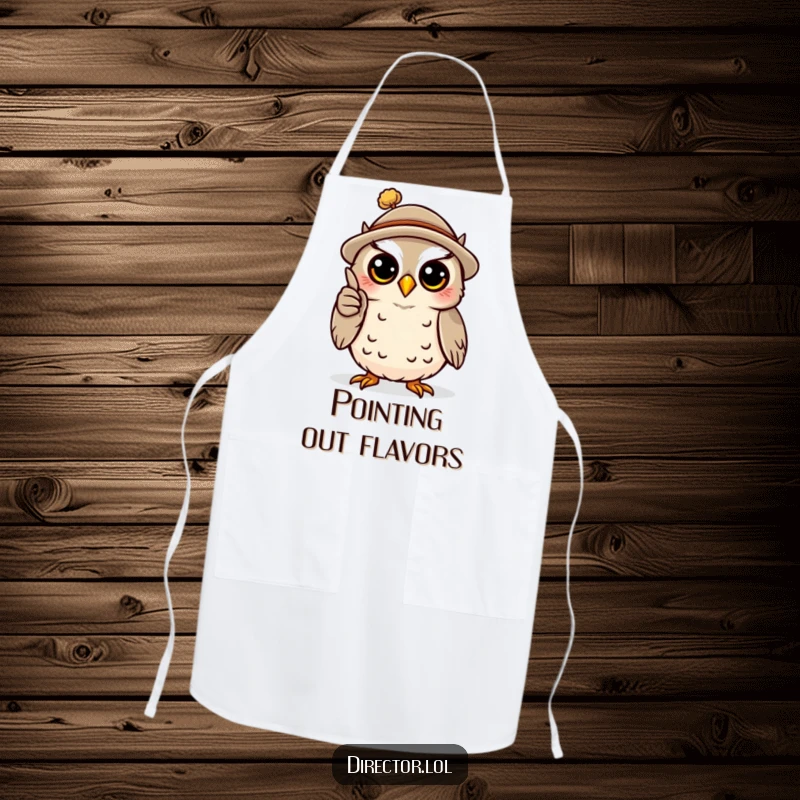 Funny apron showing a happy owl in a tiny hat, dramatically gesturing with a miniature pointer, adding humor to cooking.