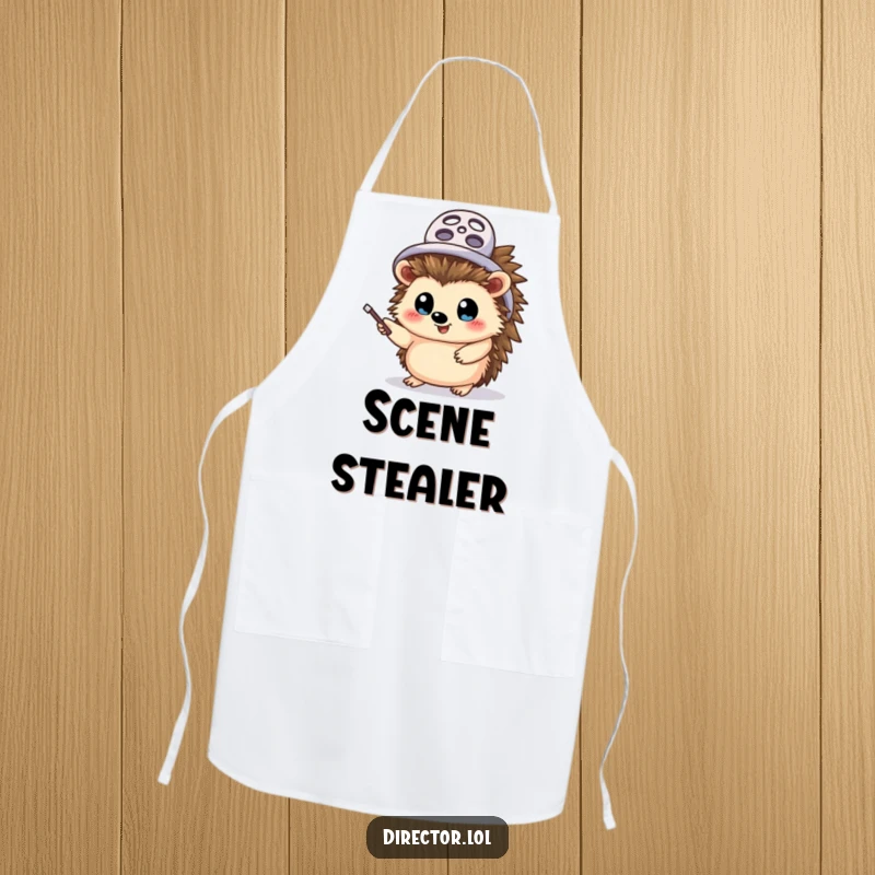 Funny hedgehog director apron, protective and fun, a cheerful hedgehog wearing a film reel hat, waving a pointer stick with wide, keen eyes.