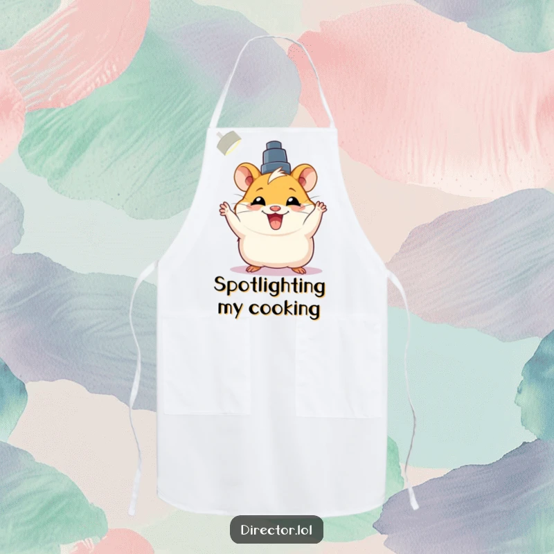 Funny apron with a joyful hamster adjusting a spotlight with a big grin, perfect for kitchen use.