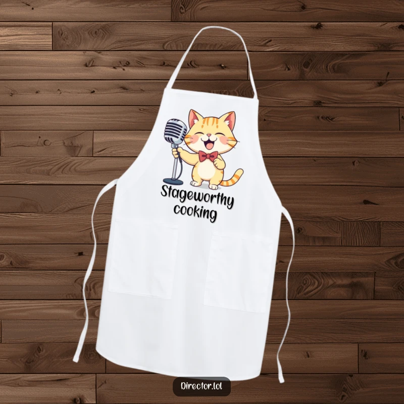 Funny cat microphone apron, protective and stylish, a giggling cat in a bowtie, dramatically sweeping a large ornate microphone with pure performing joy.