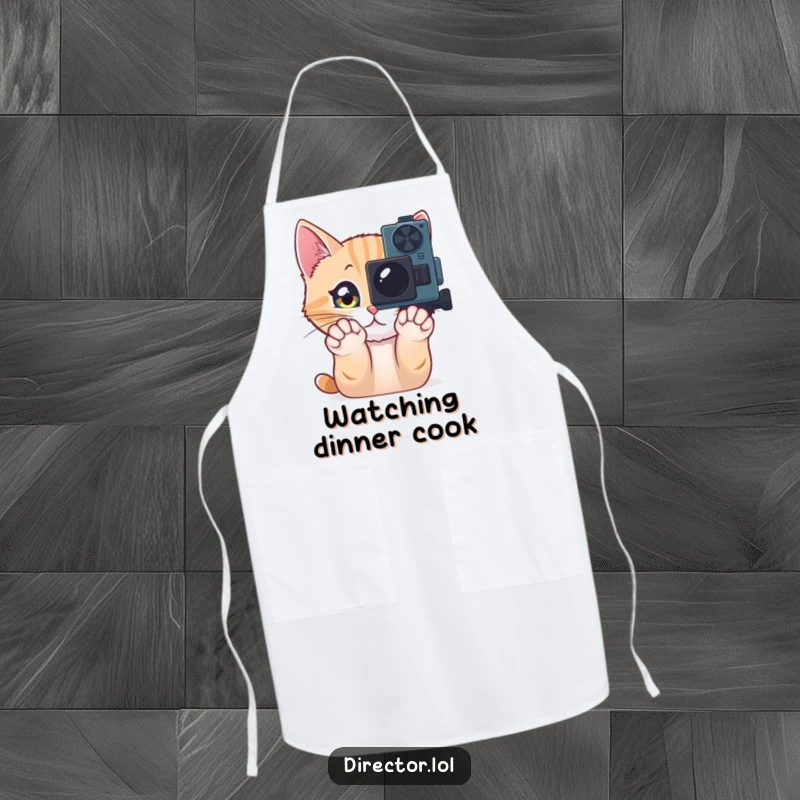 Funny Apron featuring a curious cat pawing at a movie camera, perfect for chefs who enjoy a bit of humor and cinematic inspiration.